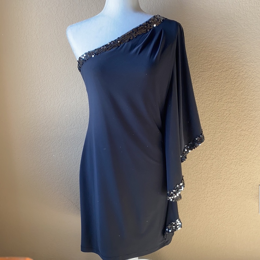Blondie Nites by Stacy Sklar black sequined one shoulder cocktail dress, size 9